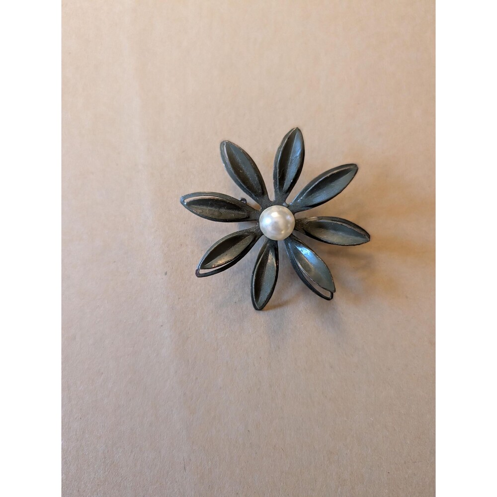 Vintage Gray/Green Enamel Flower Brooch with Faux Pearl Center